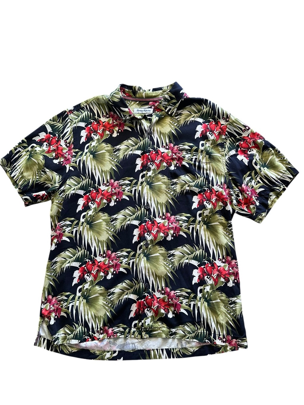 Tommy Bahama Men’s Black Canopy Coast 100% Silk Hawaiian Camp Shirt Size Large